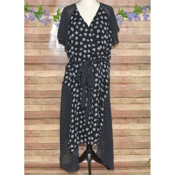 Lane Bryant Dresses & Skirts - Lane Bryant Womens Black Floral Polka Dot Belted Midi A-Line Dress Plus Size 26